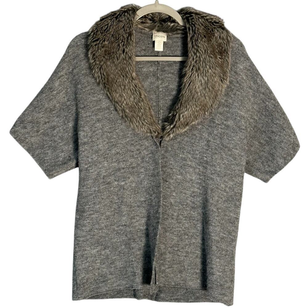 Chicos Sz 0 Small Lillian Faux Fur Collar Cardigan Short Sleeve Soft Wool Blend